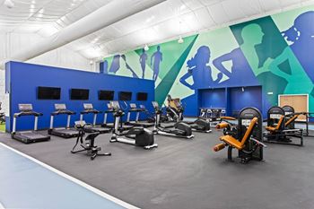 The gym is equipped with cardio machines and weights